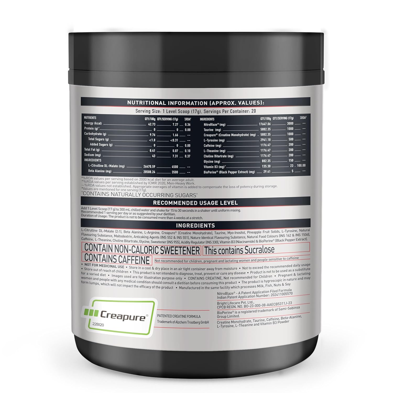 MuscleBlaze Pre Workout Wrathx With Creapure,Nitroblaze & Bioperine (F340 G,20 Servings),Powder,1 Count