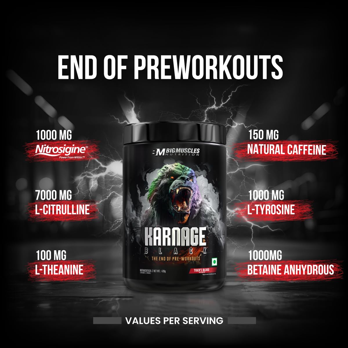 Bigmuscles Nutrition Karnage Black Preworkout [Sex On The Beach, 420g] | Massive Pump | Laser Focus | Explosive Energy | Gorilla Power | No Itching | With Nitrosigine