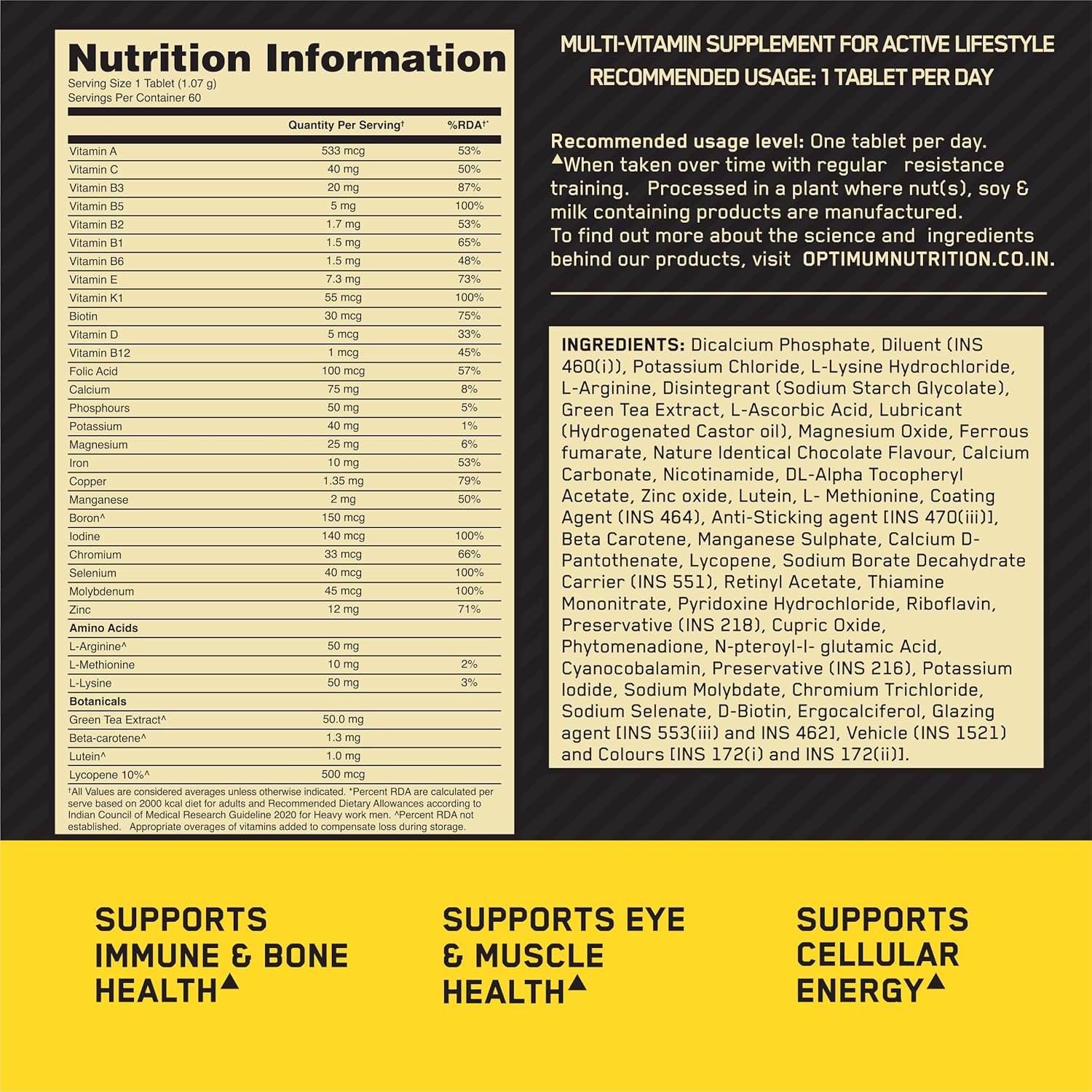 Optimum Nutrition (ON) Multivitamin for MEN– 60 Tablets, 26 Vitamins & Minerals, Amino Acids & Anti-Oxidants (Green Tea Extract, Beta Carotene, Lutein, Lycopene). Vegetarian.