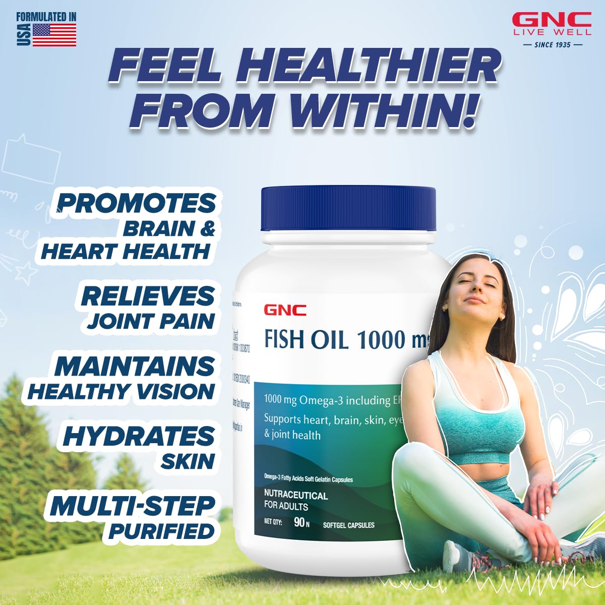 GNC 1000 Mg Omega 3 Fish Oil For Men&Women 90 Softgels Omega 3 With 180 Mg Epa&120 Mg Dha Promotes Joint Health Improves Focus&Memory Protects Vision Supports Healthy Cholesterol Fomulated In Usa