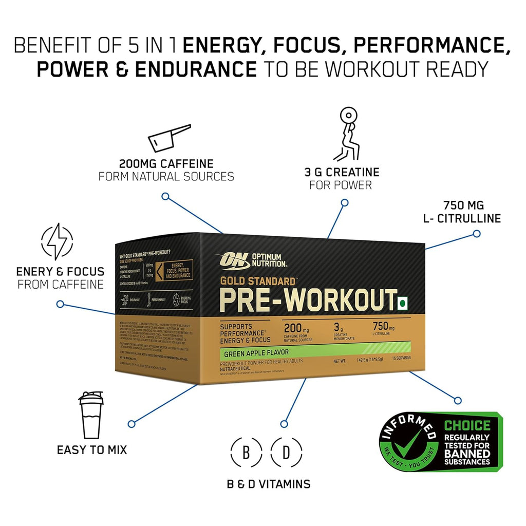 Optimum Nutrition (ON) Gold Standard Pre-Workout- 142.5g/15 single serve packs  For Energy, Focus, Power, Endurance & Performance