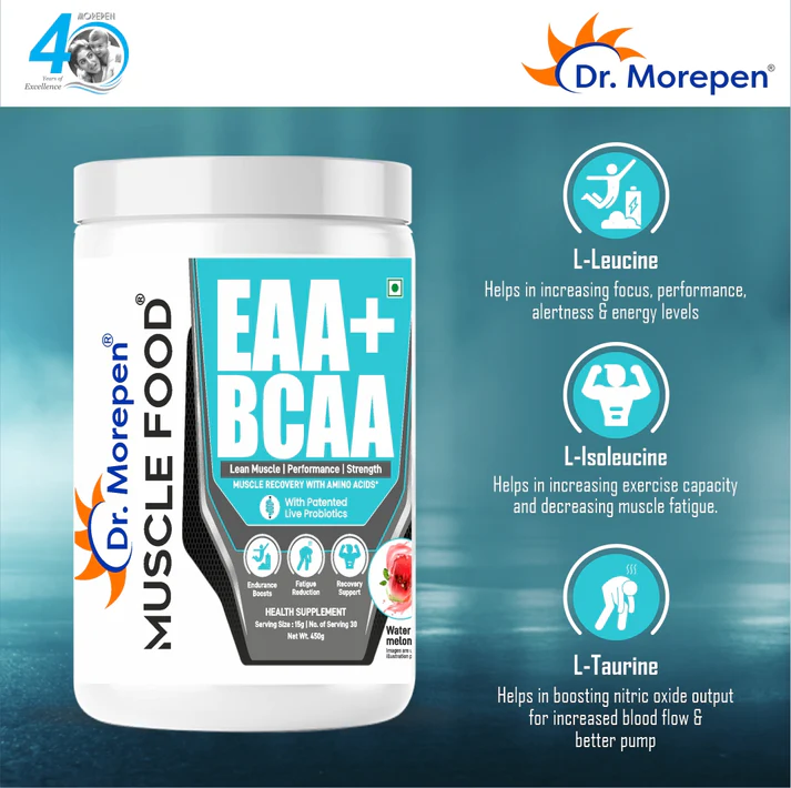 Dr. Morepen Muscle Food EAA+BCAA with patented live probiotics  for faster muscle recovery 30 servings