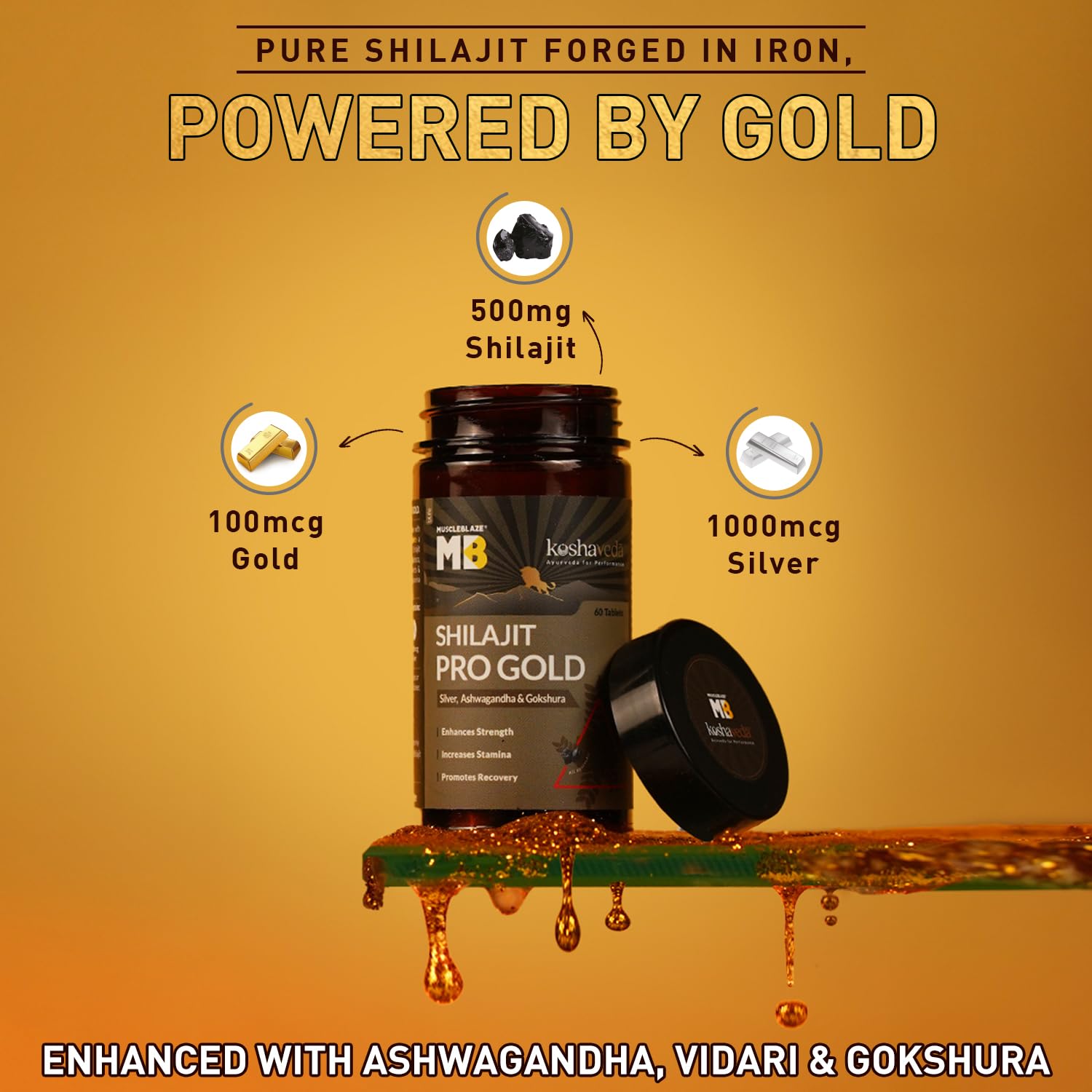 Koshaveda Shilajit Pro Gold by MuscleBlaze | Fortified with 24 Carat Gold, Shilajit, Ashwagandha & Gokshura, For Strength, Stamina & Recovery, 60 Tablets