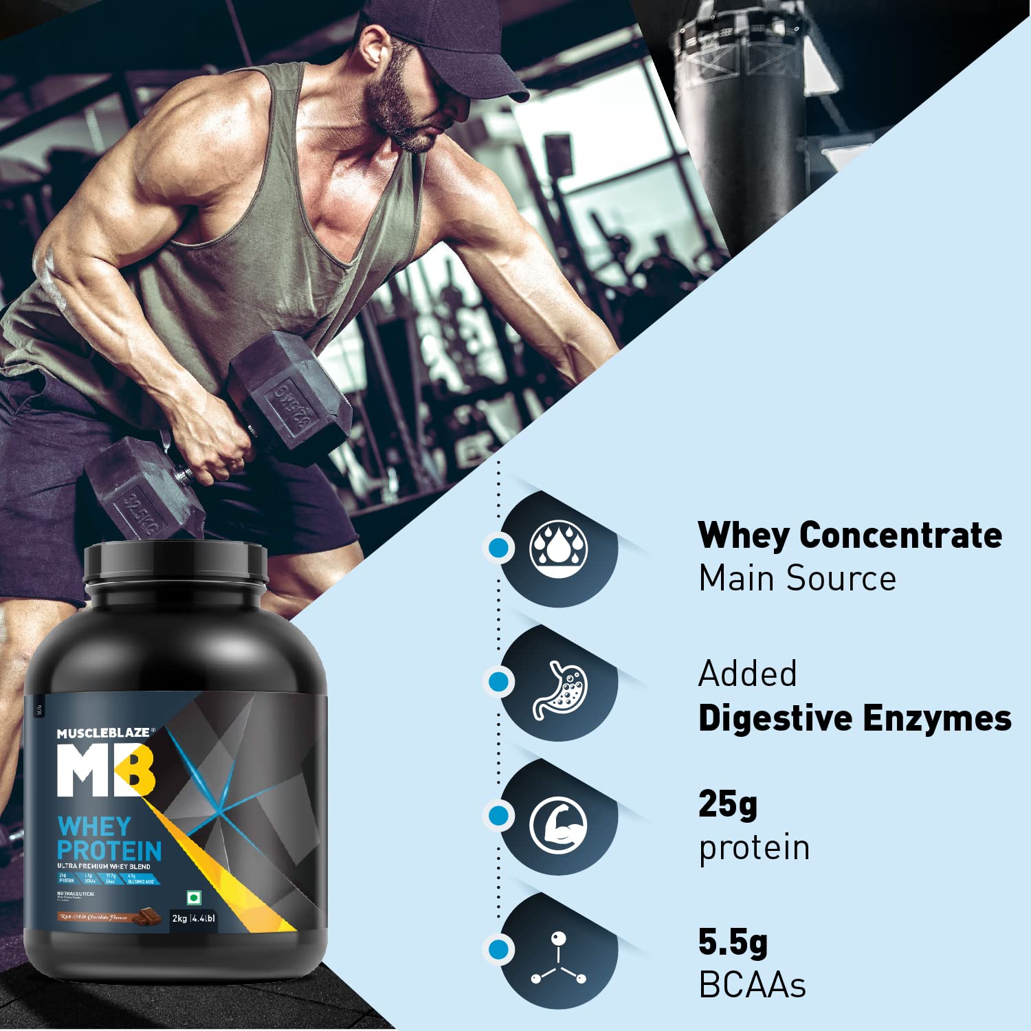 MuscleBlaze 100% Whey Protein, Ultra Premium Blend with Whey Protein Concentrate & Whey Protein Isolate, 25 g Protein per Scoop (2 kg / 4.4 lb)