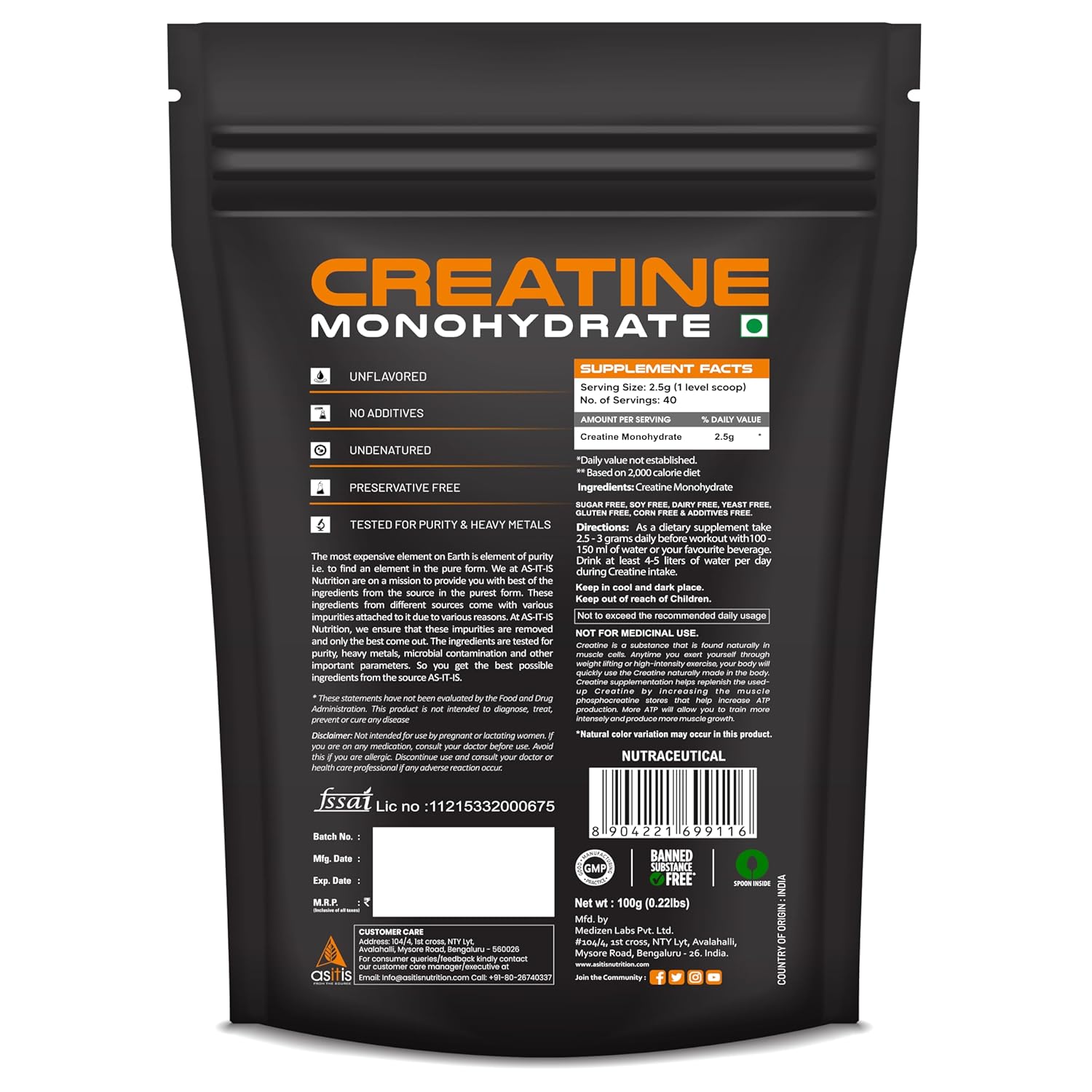 AS-IT-IS Nutrition 100% Creatine Monohydrate, Pure 2.5g Micronized Powder with Rapid Dissolution & Absorption, USA Labdoor Certified for Accuracy & Purity, Supports Performance & Recovery- Unflavored, Single Ingredient