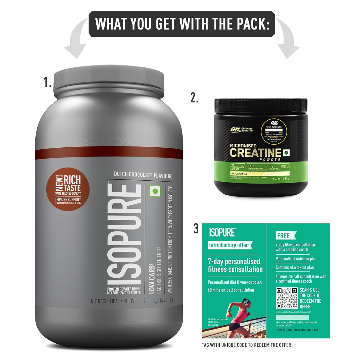 ISOPURE [Whey Protein Isolate Powder, 4.40 lbs/2 Kg  Low carbs, Lactose-Free Vegetarian protein for Men & Women] with FREE Optimum Nutrition Micronised Creatine Powder, 250g