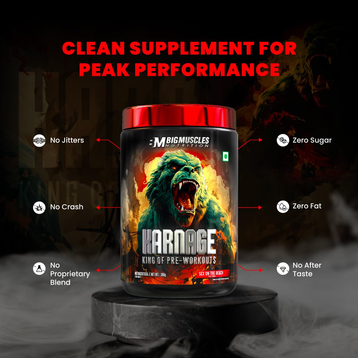 Bigmuscles Nutrition Karnage Pre workout (60 Servings, Sex On the Beach) | Pre-workout Supplement Supports to Improve Focus, Strength, Energy and Pump, Banned Substance Tested, Dope Free, 300g