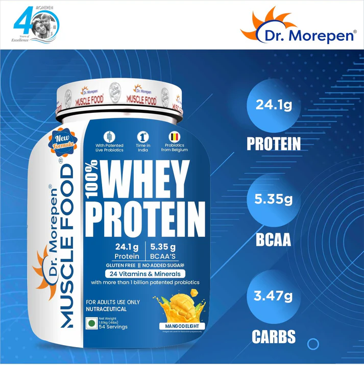Dr. Morepen Muscle Food 100% Whey Protein Is A Permium, International Grade Protein With Added Probiotics From Belgium  1.8KG