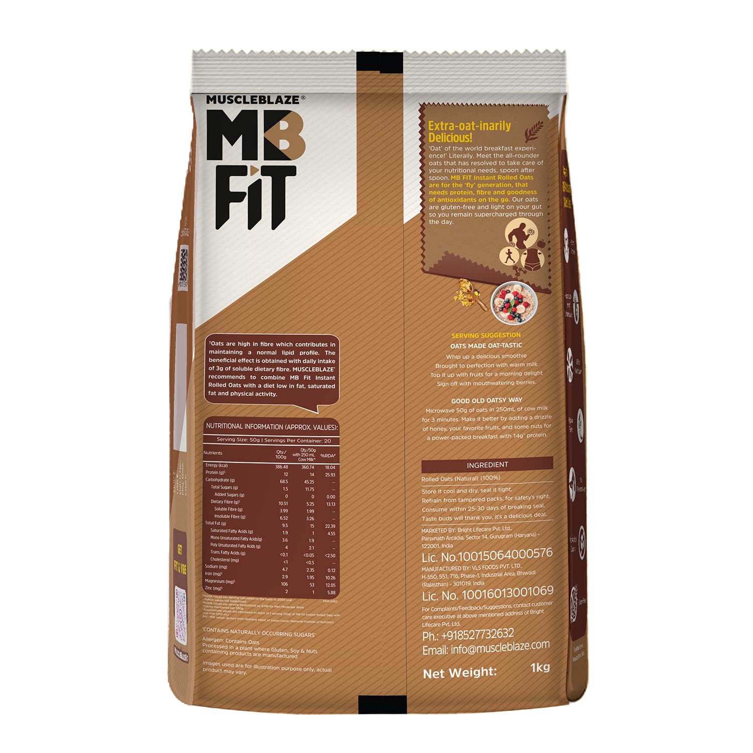 MuscleBlaze Fit Instant Oats 1 kg, Unflavoured | 12 g Protein, 100% Rolled Oats, High in Protein & Fibre, No Added Sugar, Breakfast Cereals for Weight Management