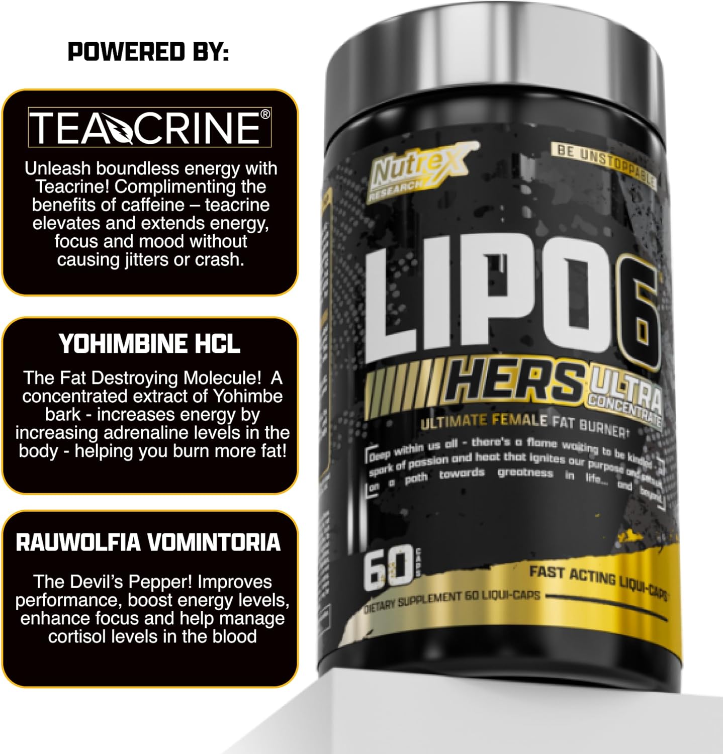 Nutrex Research Lipo-6 Black Hers Ultra Concentrate | Weight Loss Pills for Women | Fat Burner, Appetite Suppressant, Metabolism Booster for Weight Loss + Hair, Skin, & Nails Support | 60 Diet Pills