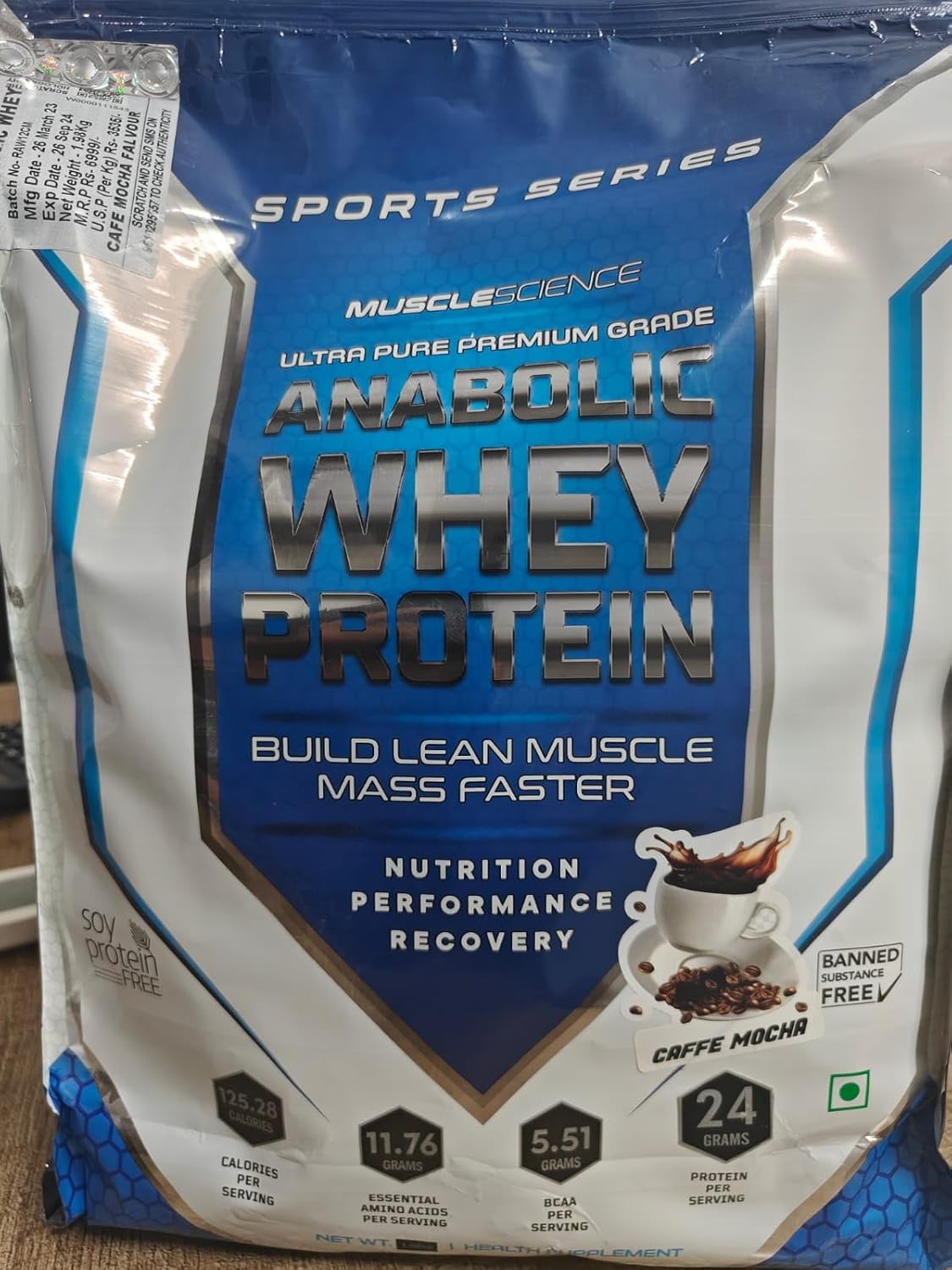 Muscle Science Anabolic Whey Pouch in Pouch -55 Pouches With 24g Protein/Scoop | 5.5 g BCAA | 11.75g EAA | Zero Added Sugar | Digestive Enzymes - 2Kg