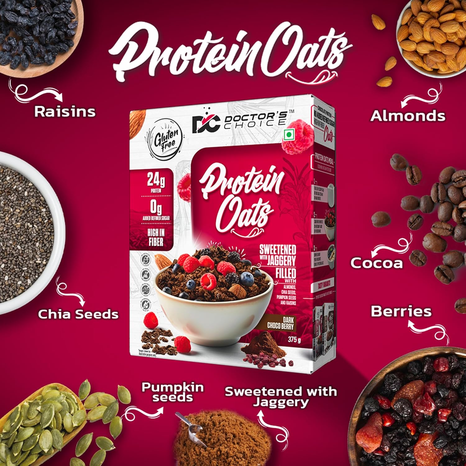 DOCTORS CHOICE Oats, High Protein Oats, 24g Pure Protein Breakfast Cereals, Jaggery Sweetened, Rich in Fiber, No Additives and 0g Sugar. (750g, Dark Choco Berry)