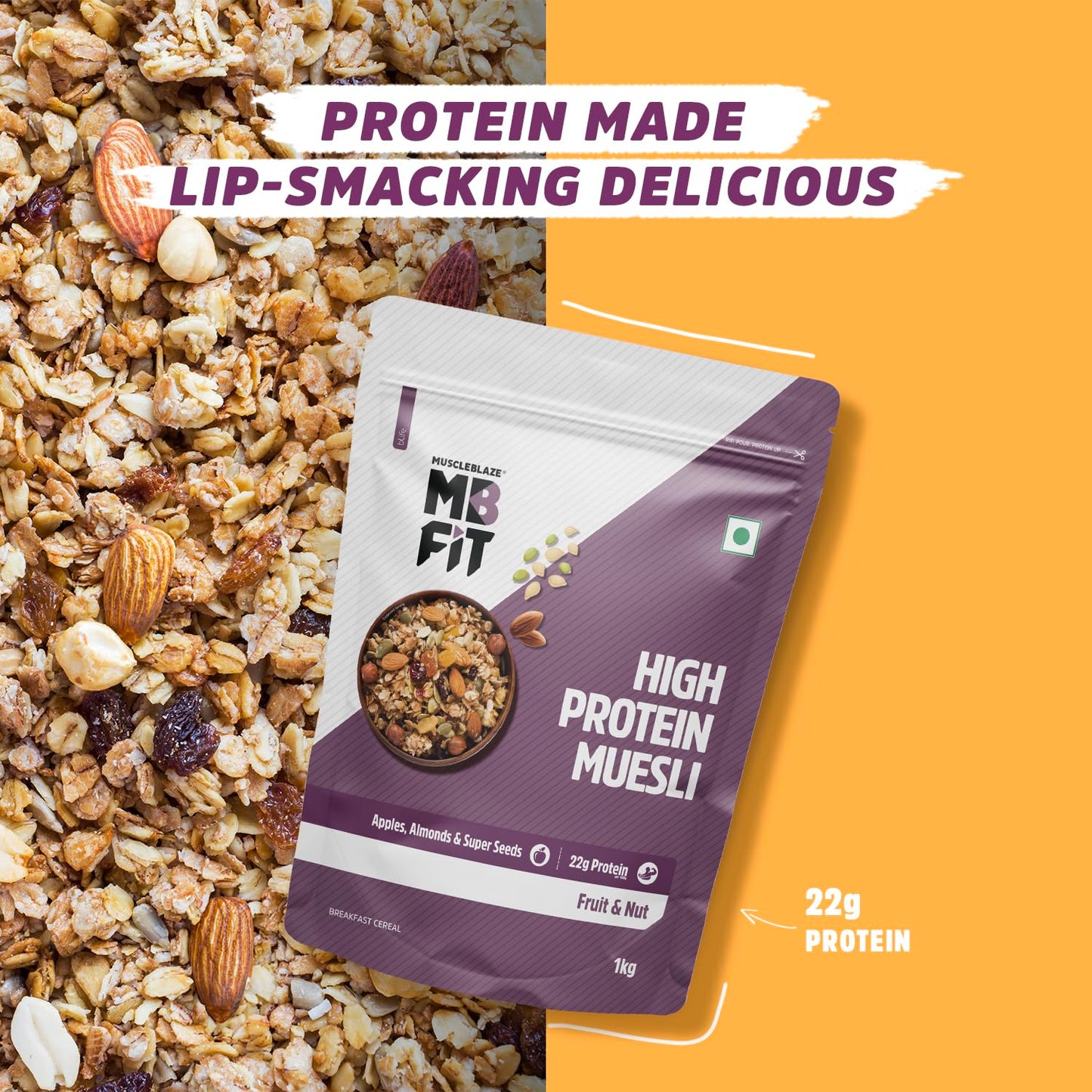 MuscleBlaze Fit High Protein Muesli 1 kg,  22 g Protein, Almonds & Super Seeds, Protein Breakfast Cereals