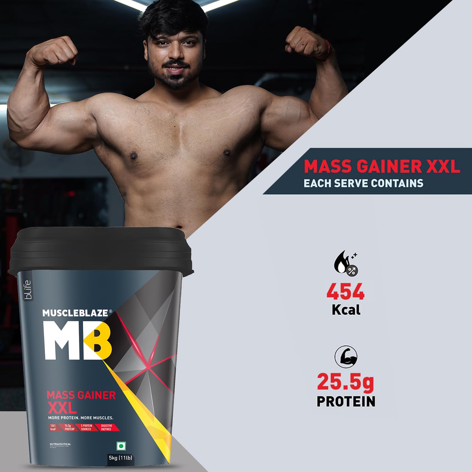 MuscleBlaze Mass Gainer Powder-Xxl, With Complex Carbs, High Protein & Digestive Enzymes ( 5 Kg / 11 Lb)