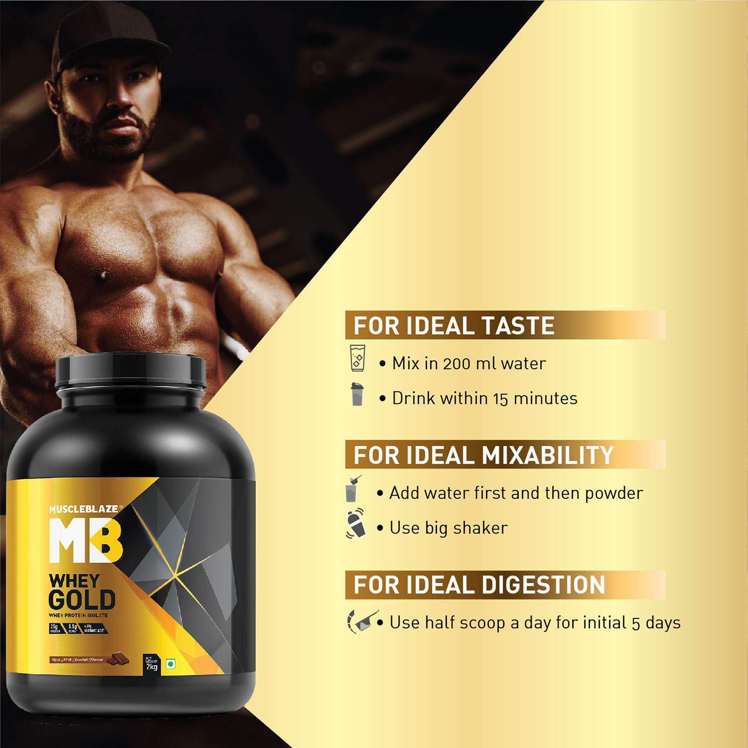 MuscleBlaze Whey Gold 100% Whey Protein Isolate (Rich Milk Chocolate, 2 kg / 4.4 lb) With free 100g Creatine and shaker.