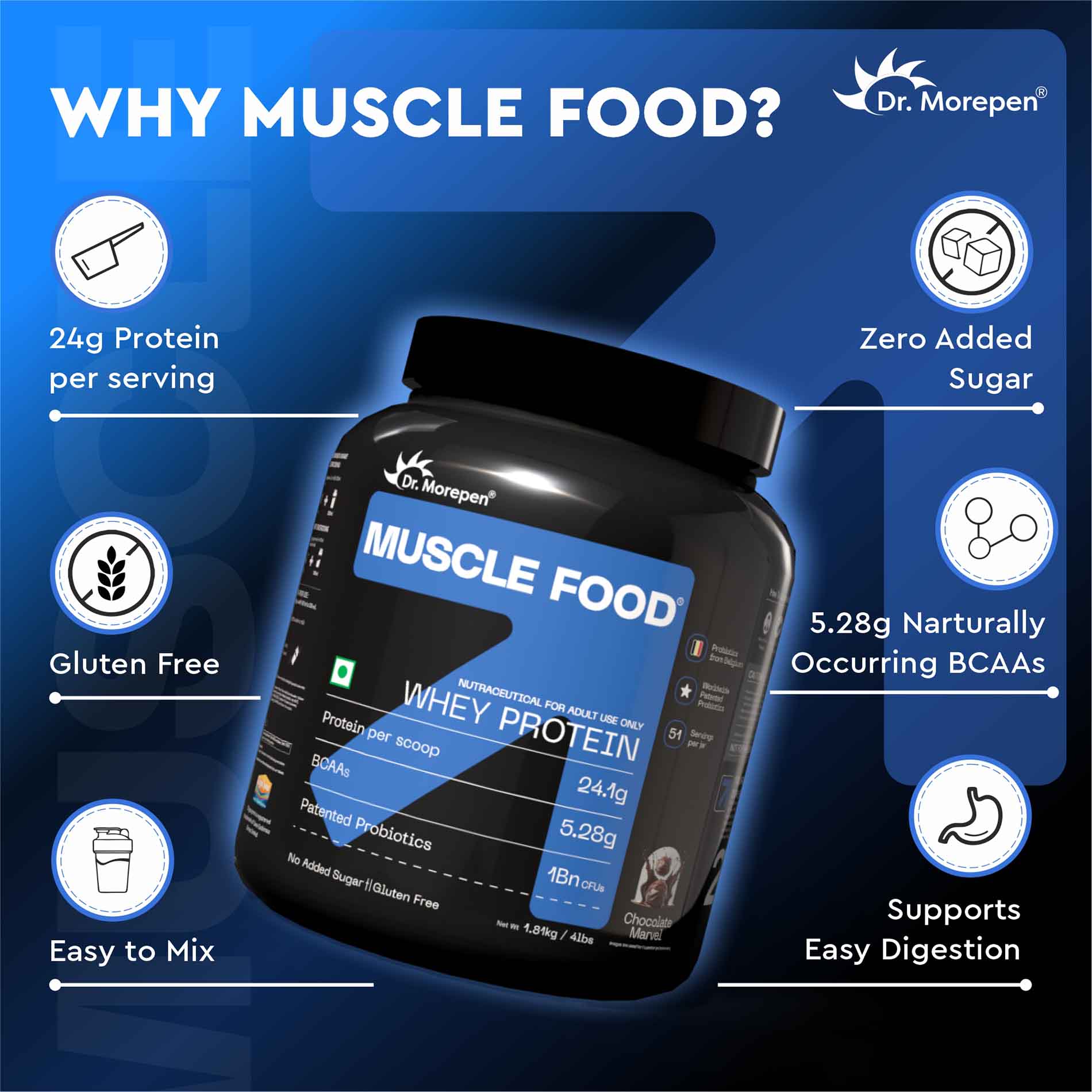 Dr. Morepen Muscle Food 100% Whey Protein Is A Permium, International Grade Protein With Added Probiotics From Belgium