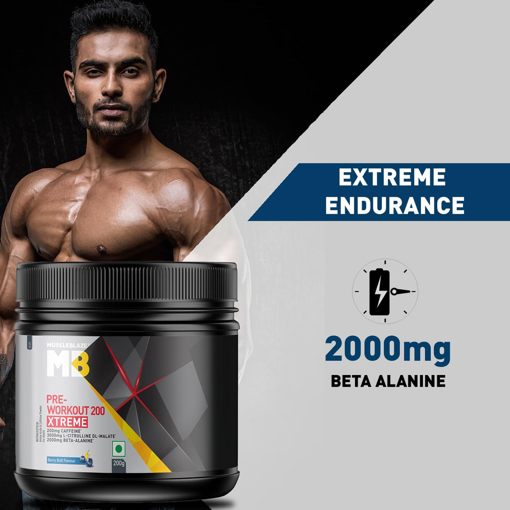 MuscleBlaze Pre Workout 200 Xtreme (30 Servings, 200g) | 200mg Caffeine, 200mg Theanine, 2000mg Beta Alanine, 3000mg Citrulline