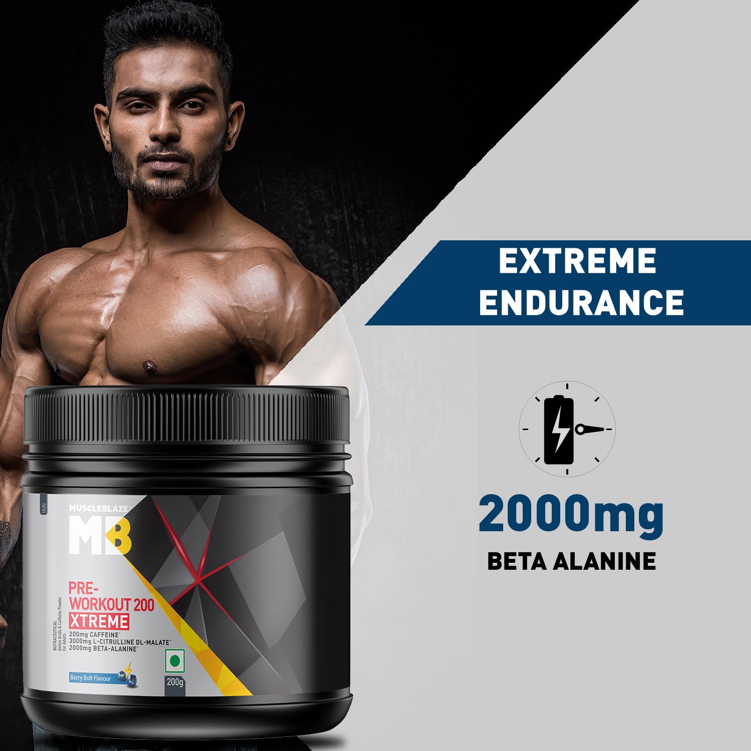 MuscleBlaze Pre Workout 200 Xtreme (30 Servings, 200g) | 200mg Caffeine, 200mg Theanine, 2000mg Beta Alanine, 3000mg Citrulline