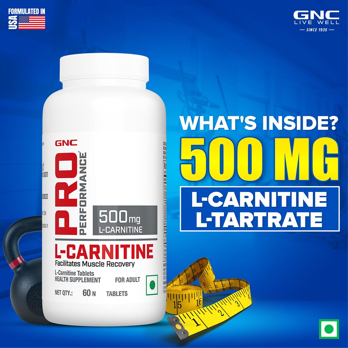 GNC Pro Performance L-Carnitine | 60 Tablets| 500mg Per Serving | Burns Fat For Muscle Growth | Maximises Recovery | Aids in Healthy Weight Loss | Reduces Soreness & Fatigue | Formulated in USA