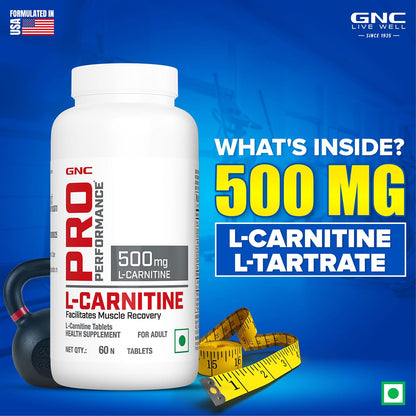GNC Pro Performance L-Carnitine | 60 Tablets| 500mg Per Serving | Burns Fat For Muscle Growth | Maximises Recovery | Aids in Healthy Weight Loss | Reduces Soreness & Fatigue | Formulated in USA