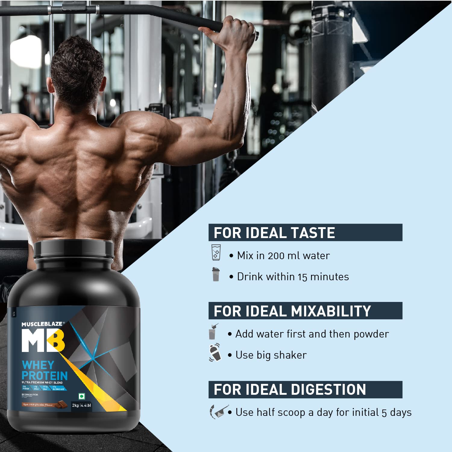 MuscleBlaze 100% Whey Protein, Ultra Premium Blend with Whey Protein Concentrate & Whey Protein Isolate, 25 g Protein per Scoop (2 kg / 4.4 lb)