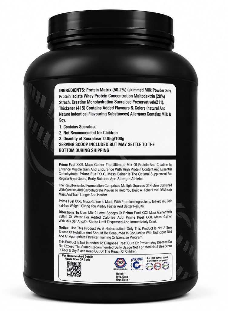 PRIME FUEL XXXL GAINER Premium Protein Carb & Creatine matrix gainer.Muscle growth, strength,Weight Gain & recovery