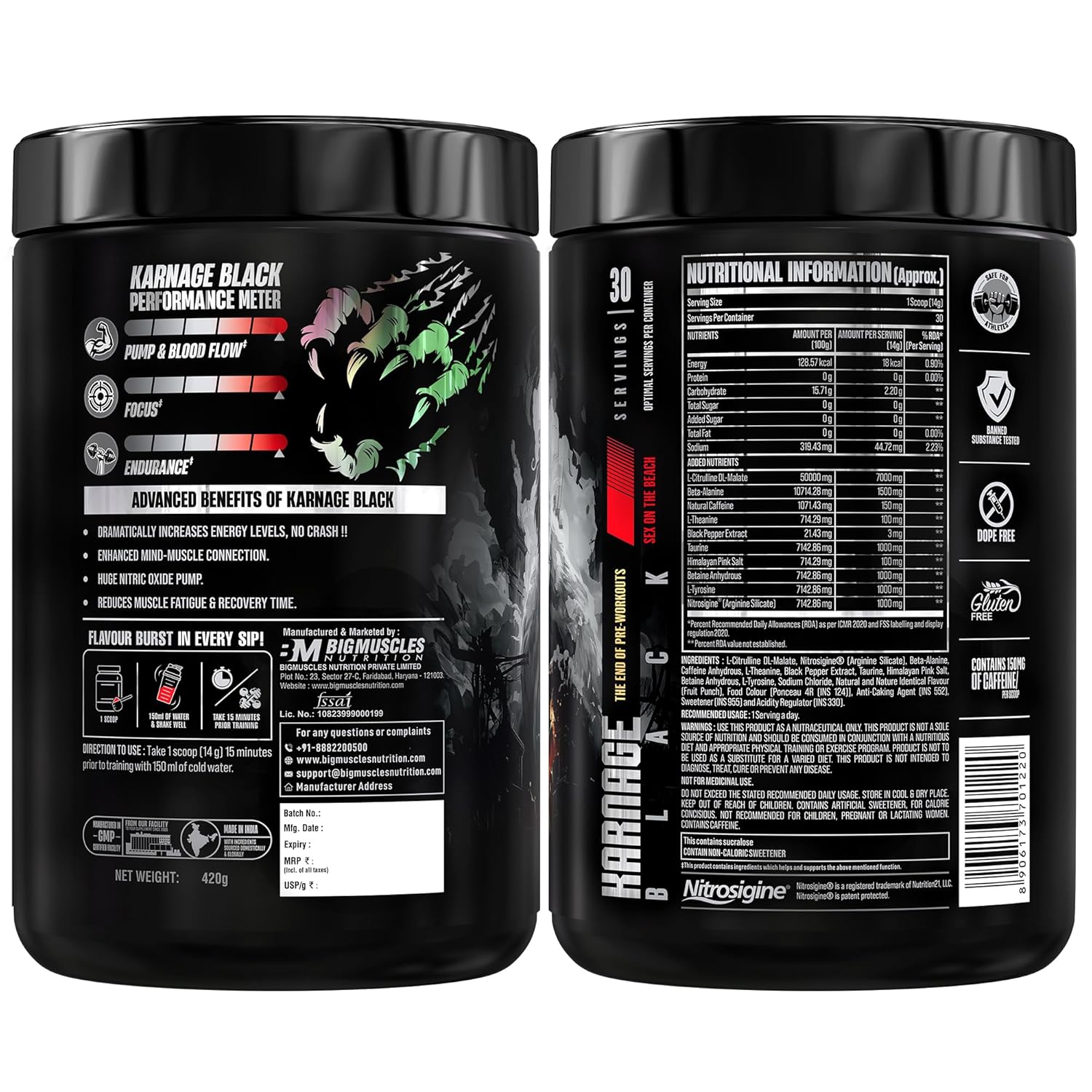 Bigmuscles Nutrition Karnage Black Preworkout [Sex On The Beach, 420g] | Massive Pump | Laser Focus | Explosive Energy | Gorilla Power | No Itching | With Nitrosigine