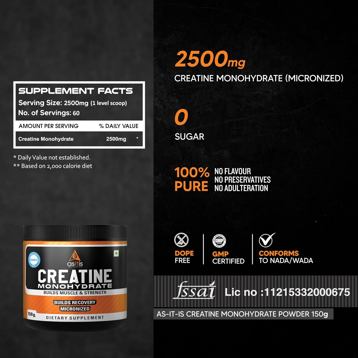 AS-IT-IS Nutrition 100% Creatine Monohydrate, Pure 2.5g Micronized Powder with Rapid Dissolution & Absorption, USA Labdoor Certified for Accuracy & Purity, Supports Performance & Recovery- Unflavored, Single Ingredient