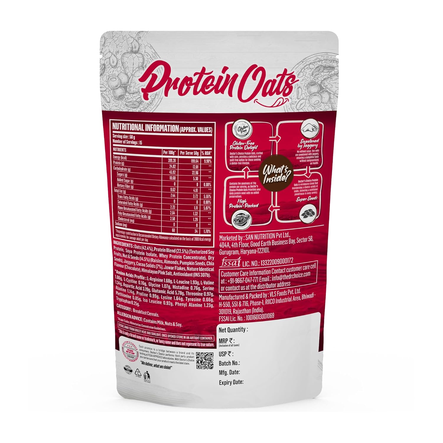 DOCTORS CHOICE Oats, High Protein Oats, 24g Pure Protein Breakfast Cereals, Jaggery Sweetened, Rich in Fiber, No Additives and 0g Sugar. (750g, Dark Choco Berry)