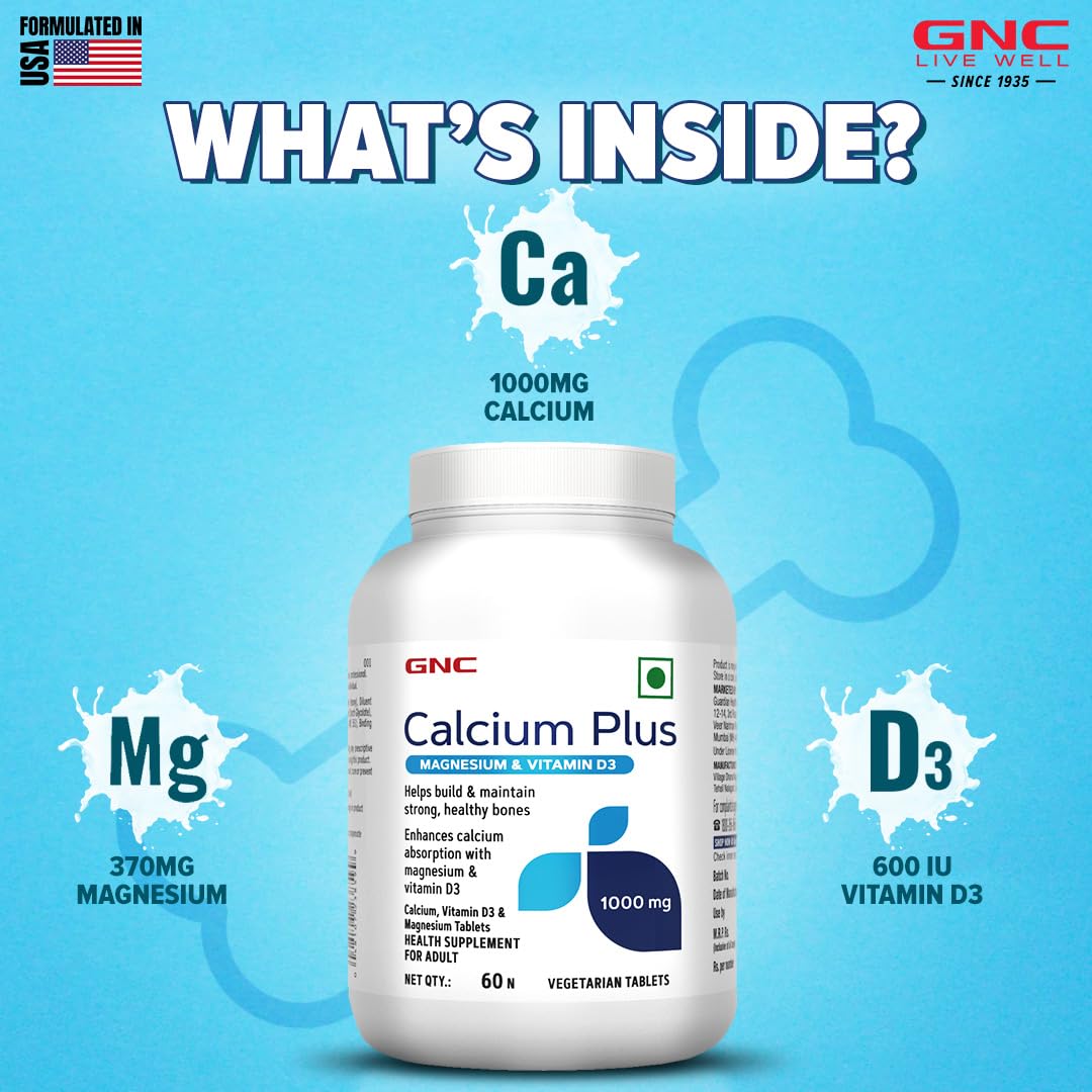 GNC Calcium Plus With Magnesium & Vitamin D3 | 60 Tablets | Strengthens Bones | Supports Strong Teeth | Promotes Healthy Muscle Contraction | Formulated in USA | 1000mg Per Serving