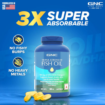 GNC 1500 Mg Triple Strength Fish Oil Mini Omega 3 Softgels For Men & Women,60 Mini Softgels,540 Mg Epa & 360 Mg Dha,Improves Memory,Protects Vision,No Fishy Burps,For Men & Women,Formulated In Usa