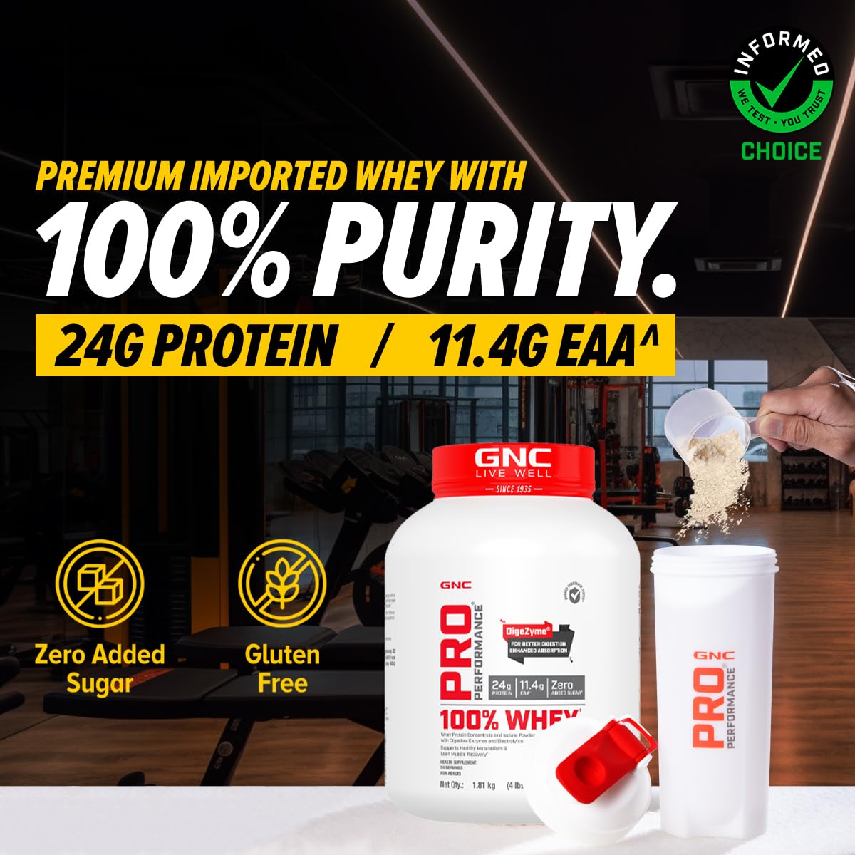 GNC Pro Performance 100% Whey Protein Powder | Boosts Strength & Endurance | Builds Lean Muscles | Fastens Muscle Recovery | Formulated In USA | 24g Protein | 5.5g BCAA | 4 lbs