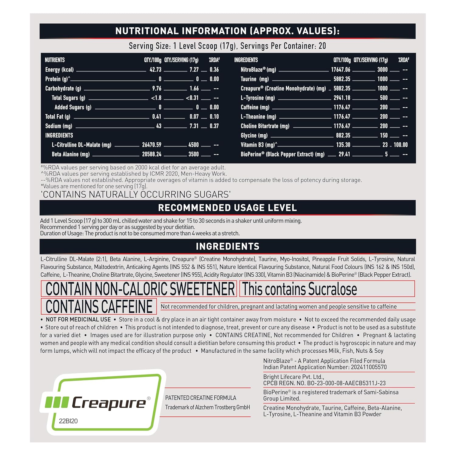 MuscleBlaze Pre Workout Wrathx With Creapure,Nitroblaze & Bioperine (F340 G,20 Servings),Powder,1 Count