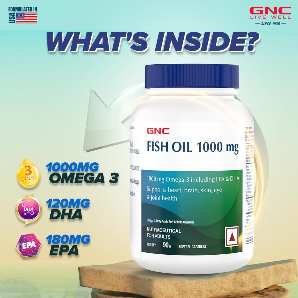 GNC 1000 Mg Omega 3 Fish Oil For Men&Women 90 Softgels Omega 3 With 180 Mg Epa&120 Mg Dha Promotes Joint Health Improves Focus&Memory Protects Vision Supports Healthy Cholesterol Fomulated In Usa