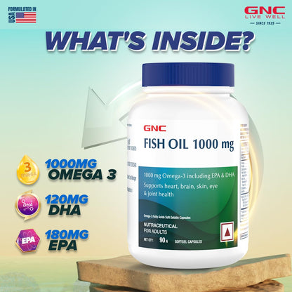 GNC 1000 Mg Omega 3 Fish Oil For Men&Women 90 Softgels Omega 3 With 180 Mg Epa&120 Mg Dha Promotes Joint Health Improves Focus&Memory Protects Vision Supports Healthy Cholesterol Fomulated In Usa