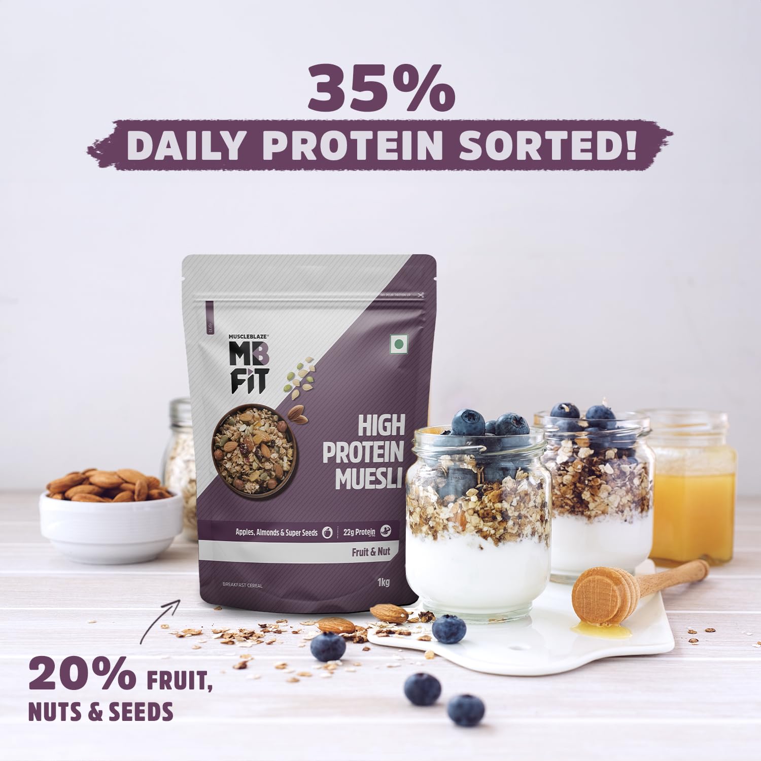 MuscleBlaze Fit High Protein Muesli 1 kg,  22 g Protein, Almonds & Super Seeds, Protein Breakfast Cereals