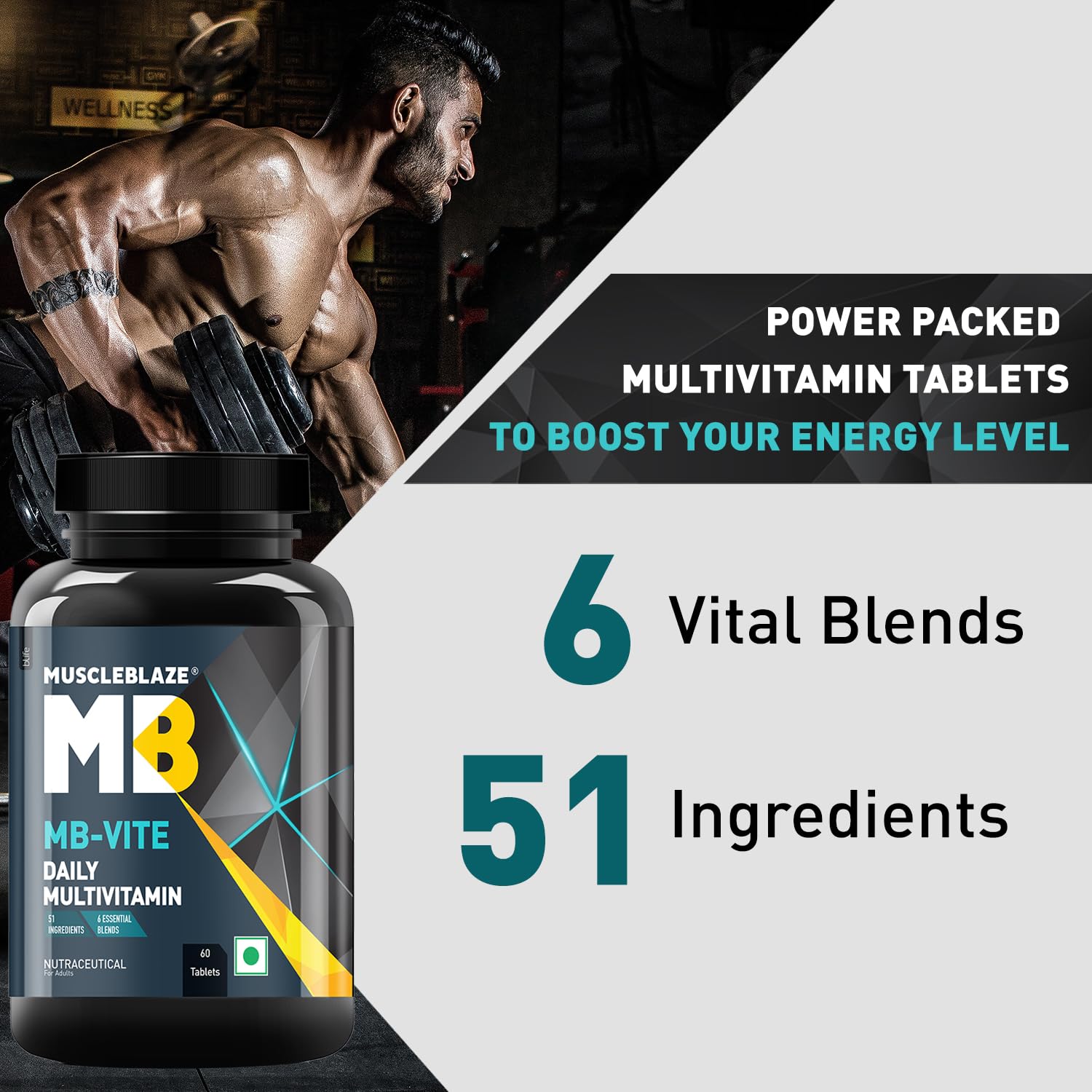 MuscleBlaze MB-Vite Daily Multivitamin with 51 Ingredients & 6 Blends, Vitamins & Minerals, Prebiotic & Probiotics, Amino Acid Blends, for Energy, Stamina & Recovery, Multivitamin Tablets