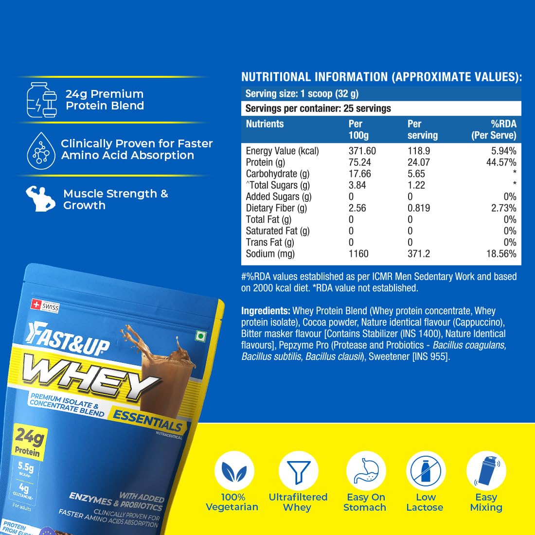 Fast&Up Whey Essentials (1.7 lb, 800 g - Whey Protein Isolate + Concentrate Blend with 24g Protein, 5.5g BCAA, 4g Glutamine