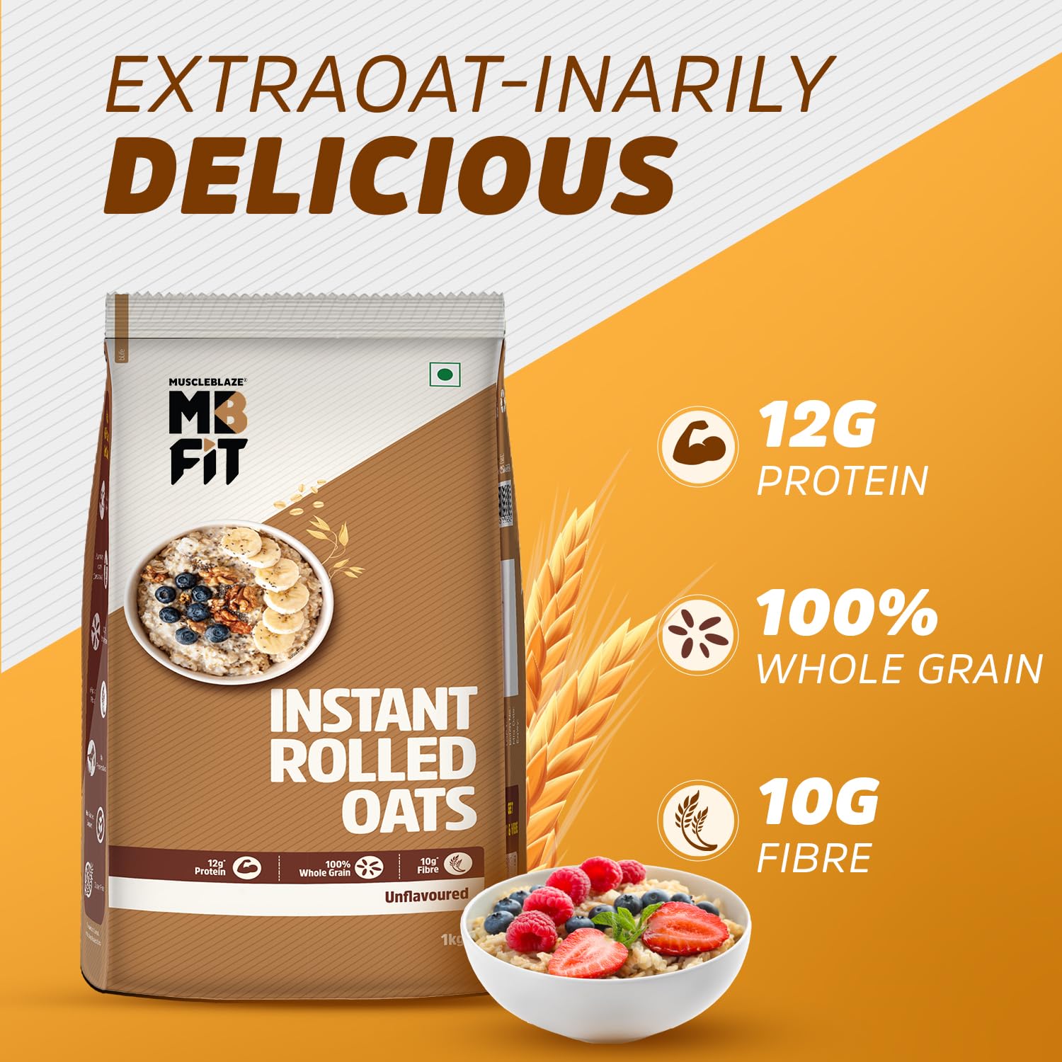 MuscleBlaze Fit Instant Oats 1 kg, Unflavoured | 12 g Protein, 100% Rolled Oats, High in Protein & Fibre, No Added Sugar, Breakfast Cereals for Weight Management