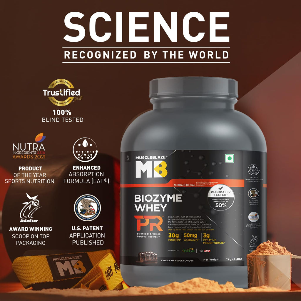 MuscleBlaze Biozyme Whey Protein PR (Chocolate Fudge, 2kg / 4.4lbs) with 30g Protein, 3g Creatine Monohydrate & 50mg AstraGin® | Trustified Gold Certified