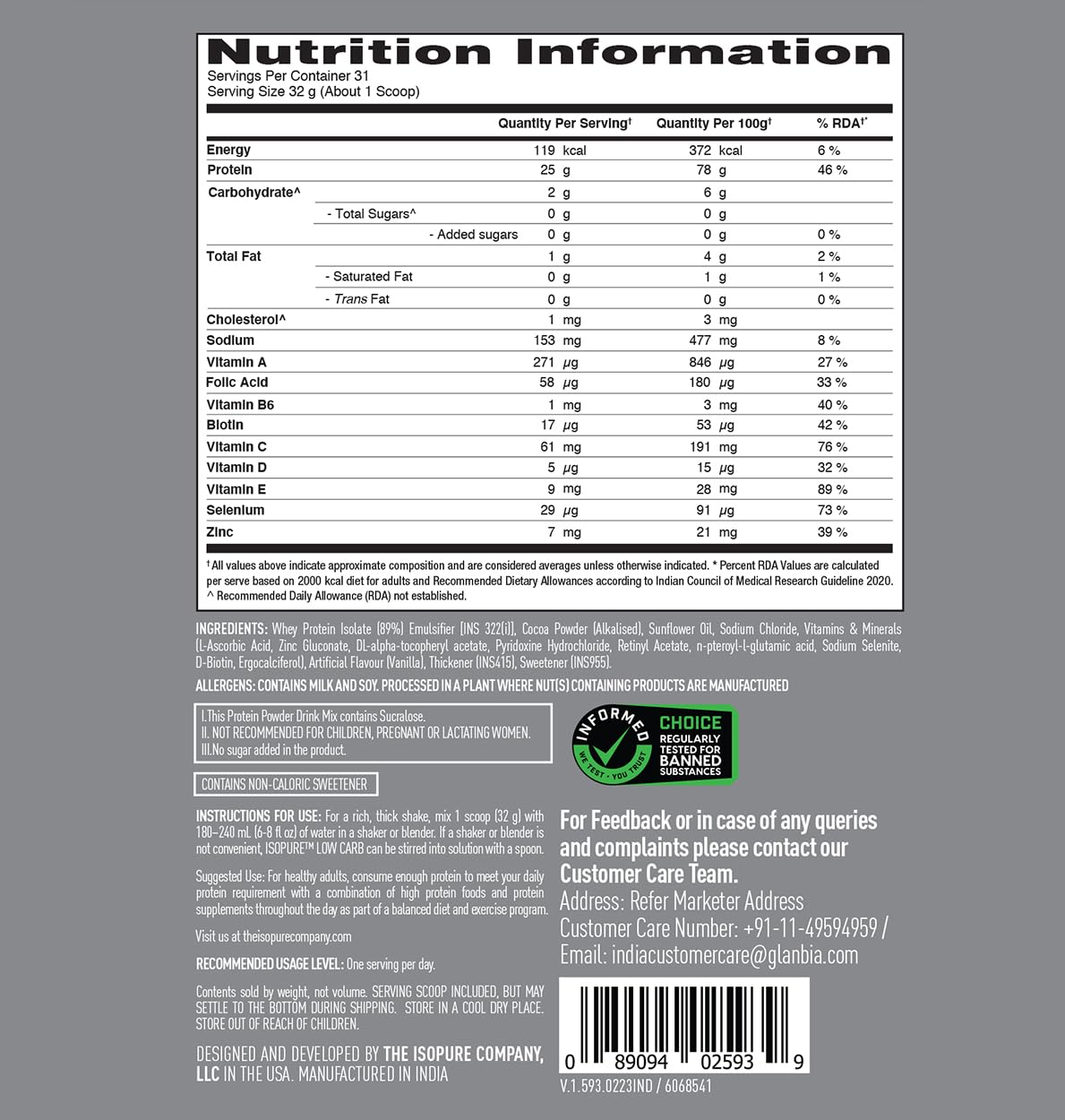 Isopure Offer Pack - 1.1 kg (10% Extra Free), 25g Protein from 100% Whey Protein Isolate, Dutch Choc, Low Carbs, Lactose-Free, Gluten-Free, Veg protein for Men & Women.