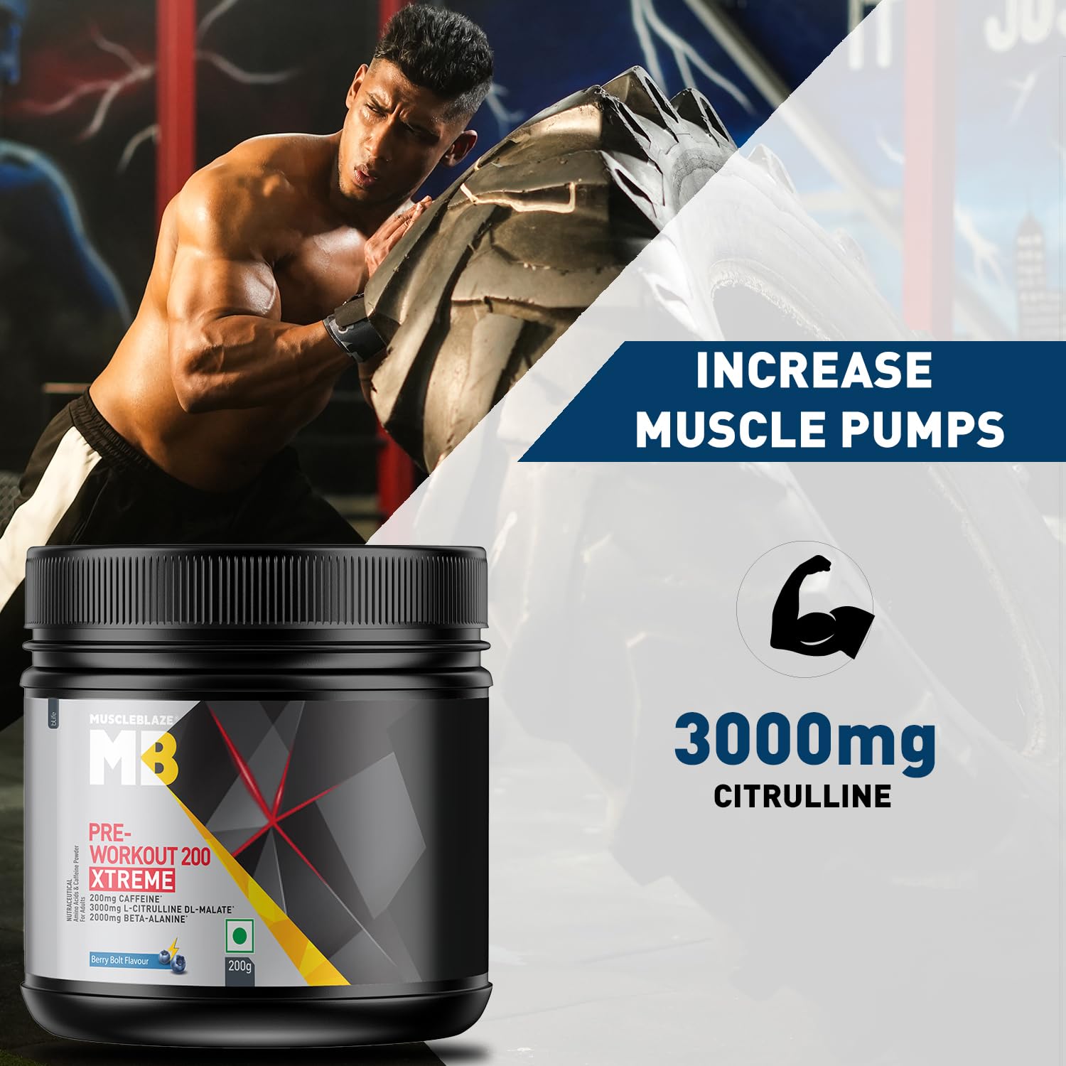MuscleBlaze Pre Workout 200 Xtreme (30 Servings, 200g) | 200mg Caffeine, 200mg Theanine, 2000mg Beta Alanine, 3000mg Citrulline