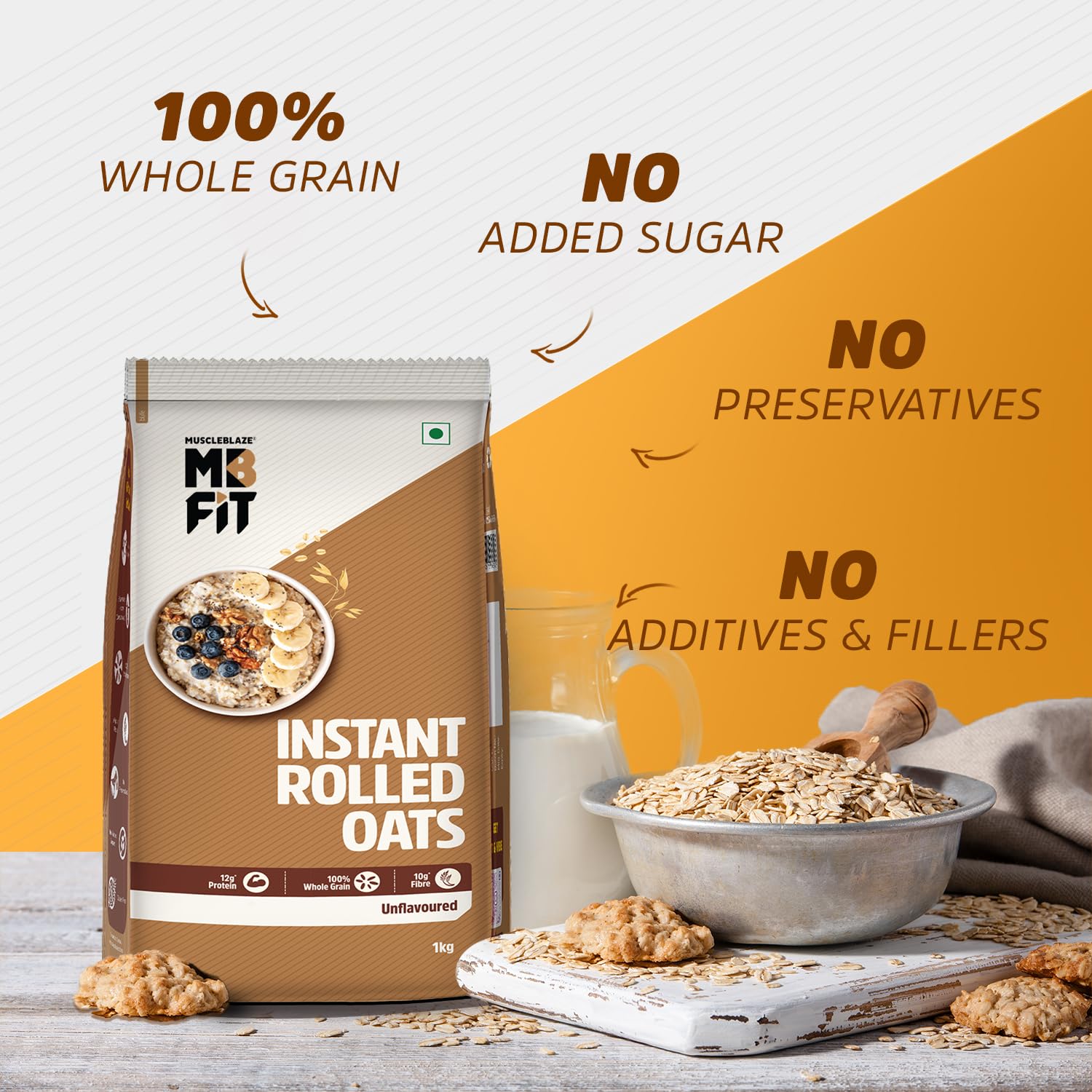 MuscleBlaze Fit Instant Oats 1 kg, Unflavoured | 12 g Protein, 100% Rolled Oats, High in Protein & Fibre, No Added Sugar, Breakfast Cereals for Weight Management