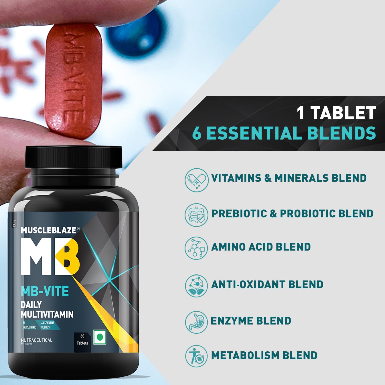 MuscleBlaze MB-Vite Daily Multivitamin with 51 Ingredients & 6 Blends, Vitamins & Minerals, Prebiotic & Probiotics, Amino Acid Blends, for Energy, Stamina & Recovery, Multivitamin Tablets