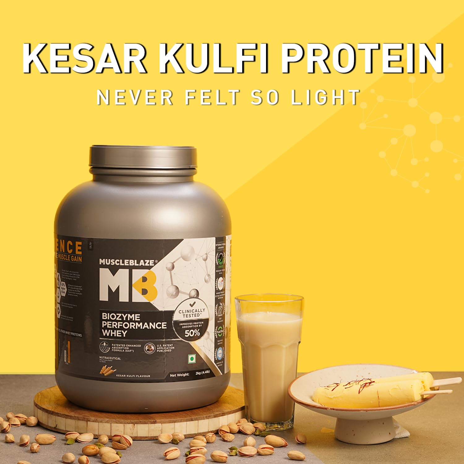 MuscleBlaze Biozyme Performance Whey Protein (Kesar Kulfi, 2kg/4.4lbs) | 28g Protein, Isolate & Concentrate Blend, Clinically Tested 50% Higher Protein Absorption | Informed Choice UK & Labdoor USA Certified