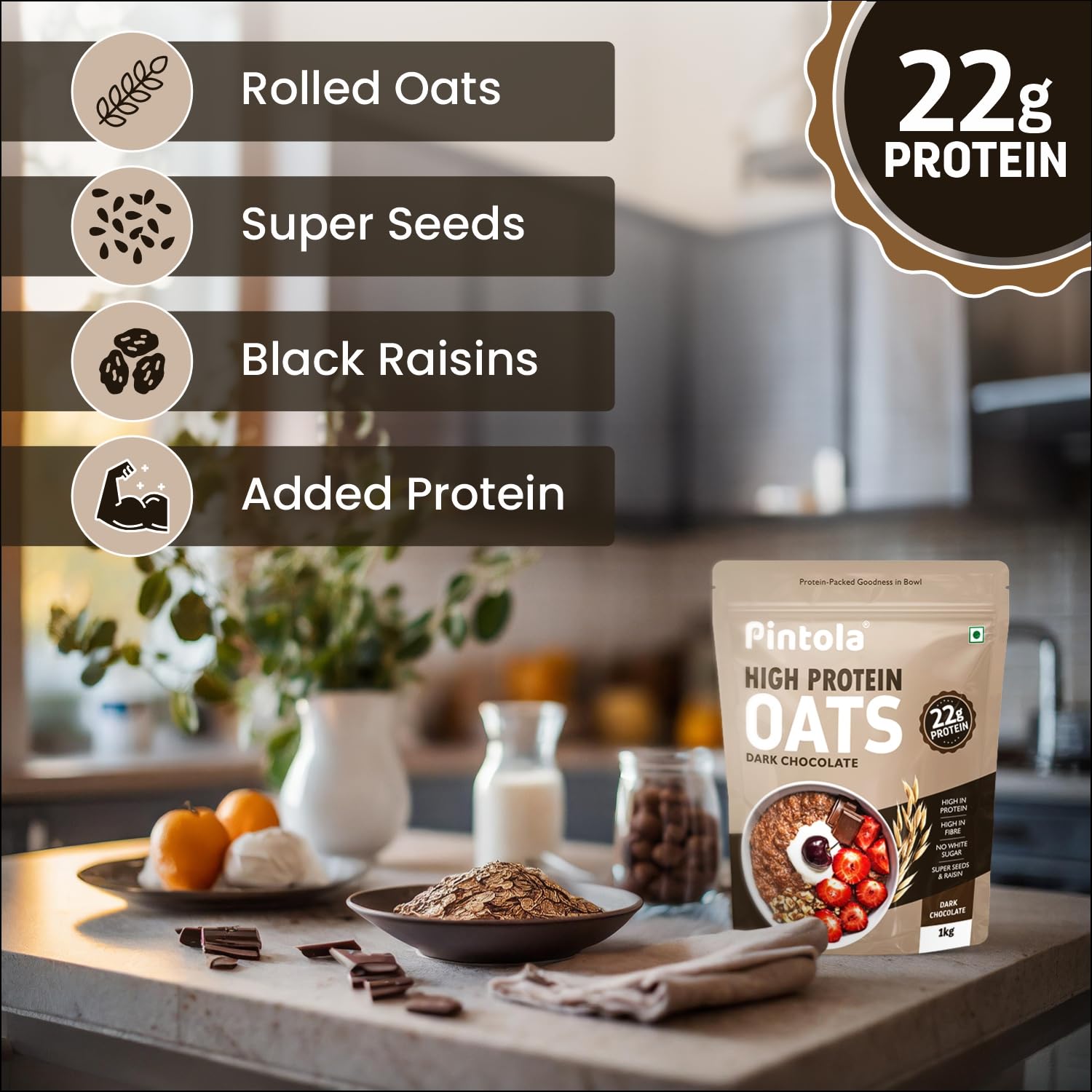 PINTOLA 22g High Protein Oats 1kg, Dark Chocolate,No Refined Sugar, with Almonds Raisin, Pumpkin and Chia Seeds, 8g Fibre, Rolled Oats, Breakfast Cereals | Gluten Free