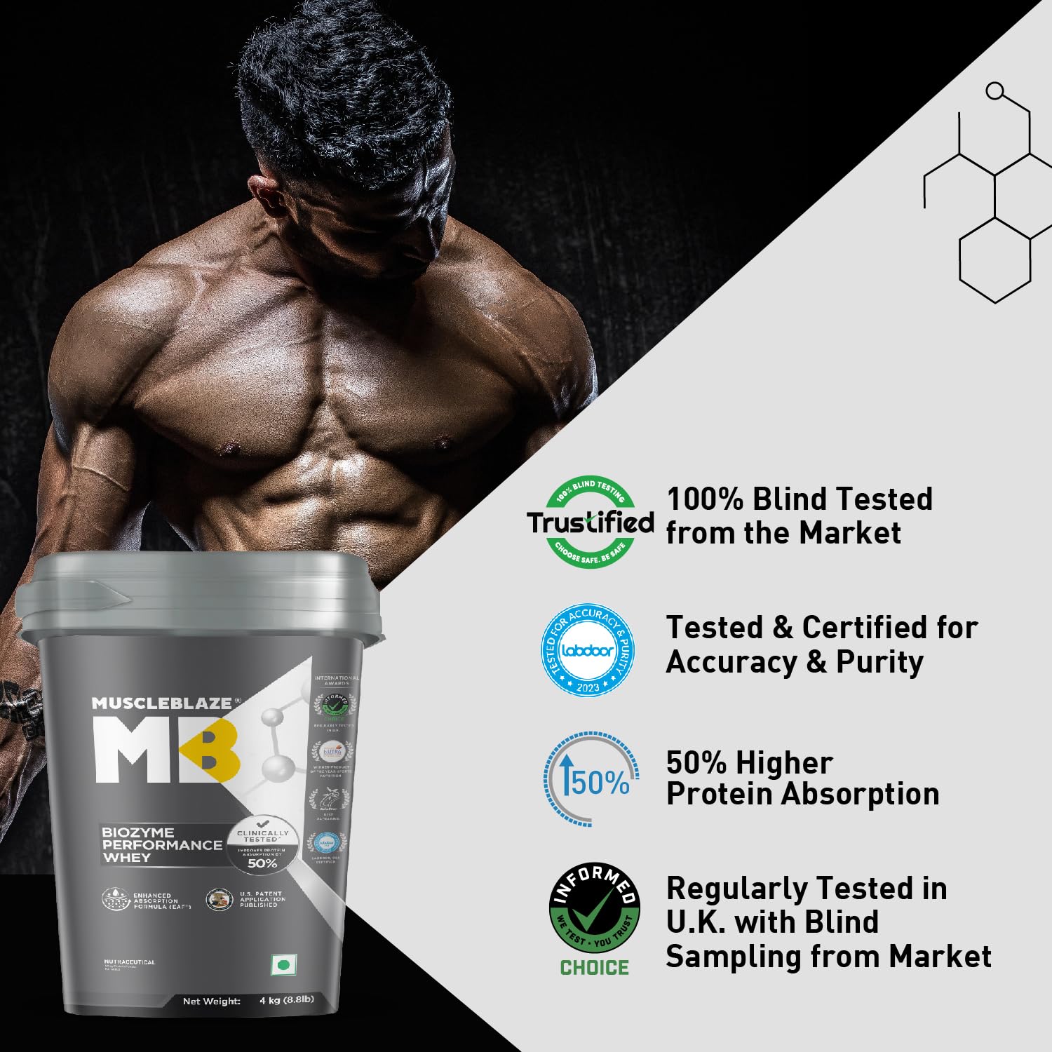 MuscleBlaze Biozyme Performance Whey Protein | Clinically Tested 50% Higher Protein Absorption | Informed Choice UK, Labdoor USA Certified & US Patent Filed EAF® (Rich Chocolate, 4 kg / 8.8 lb)