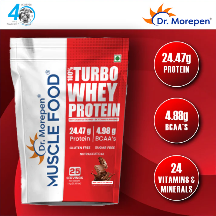 Dr. Morepen Muscle Food 100% Turbo Whey WITH Digestive Enzymes & 24 Multivitamin & Minerals