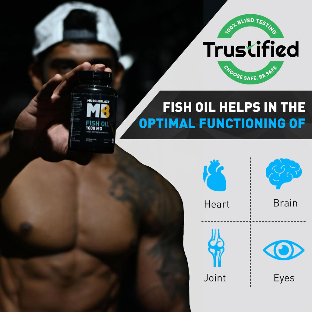 MuscleBlaze Omega 3 Fish Oil, | Trustified Certified for Accuracy & Purity, 1000mg Omega 3 with 180mg EPA & 120mg DHA