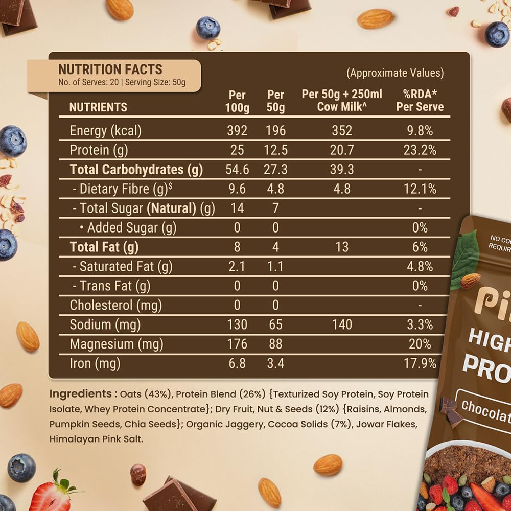PINTOLA 25g High Protein Oats 1kg, Dark Chocolate,No Refined Sugar, with Almonds Raisin, Pumpkin and Chia Seeds, 8g Fibre, Rolled Oats for weight loss, Breakfast Cereals | Gluten Free